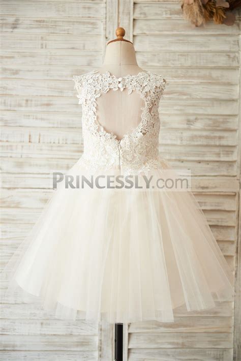 Ivory Lace Champagne Tulle Wedding Flower Girl Dress With Keyhole Back