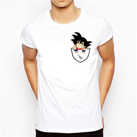 Comfortable, casual, this short sleeve shirt is made of cotton material and features a printed graphic of goku from the popular anime dragon ball z. Dragon Ball T-Shirt - Goku in Pocket - For Sale