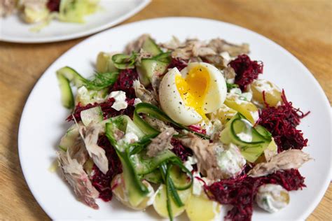 Horseradish And Beetroot Salad Served With Potato Salad Smoked Mackerel