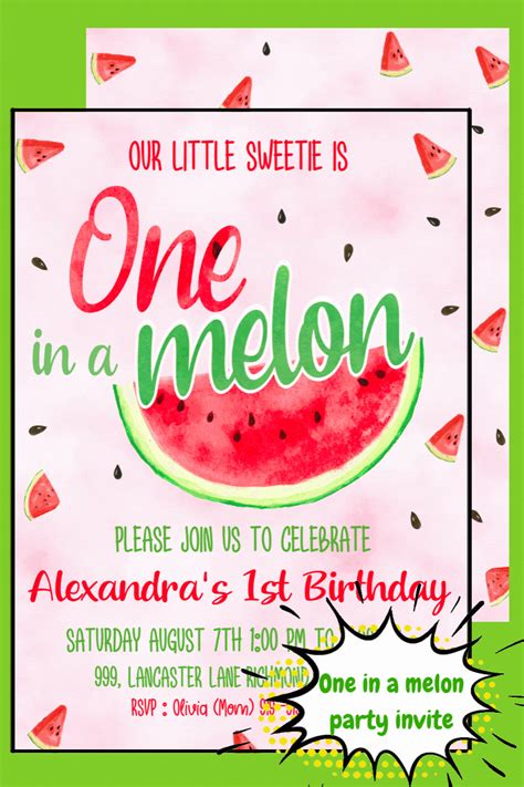 One In A Melon Birthday Invitation Template First Birthday Watermelon