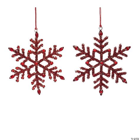 Red Jeweled Metal Snowflake Ornament Set Of 12 55h Ironglass