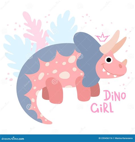 Pink Dinosaur Triceratops With A Crown And Hand Lettering Stock Vector