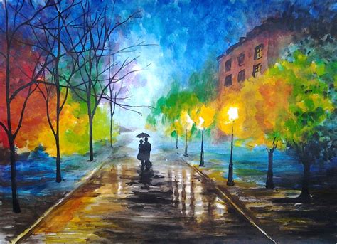 Rainy Night Original Watercolor Painting A Couple With Etsy