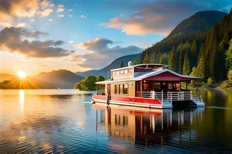 Premium Ai Image A Boathouse On A Lake With A Beautiful Sunset In The