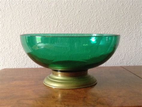 vintage green glass bowl with brass base fruit bowl salad