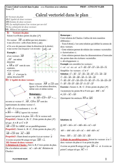 Calcul Vectoriel Dans Le Plan Cours Et Exercices Corrigés Alloschool