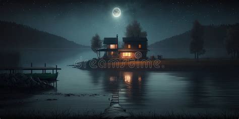 Cozy Wooden Cabin Between The Mountains At Night By The Lake And Full