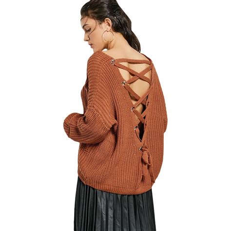 Zaful Autumn Winter Sweater Sexy Backless Knitted Pullover Fashion Lace Up Women Tops Casual