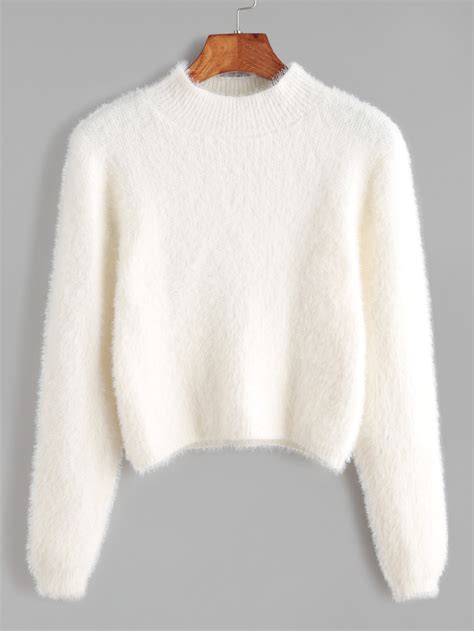 White Crew Neck Crop Fuzzy Sweater Sheinsheinside
