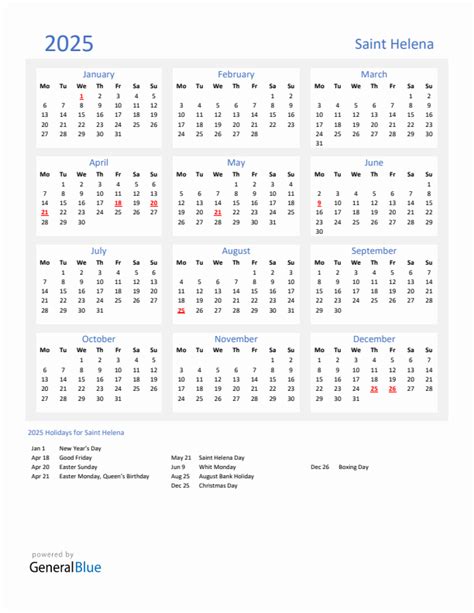 Basic Yearly Calendar With Holidays In Saint Helena For 2025