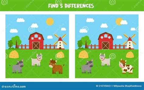 Find 5 Differences Between Farm Pictures Game For Kids Stock Vector
