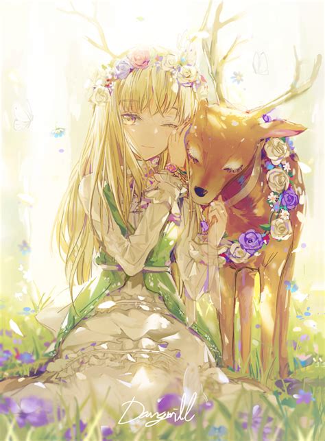 Anime Manga Enchanted Forest Deer Flowers Bright Light