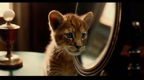 Premium AI Image Kitten Looking At Round Mirror On Table Male Lion Inside Mirror Close Up