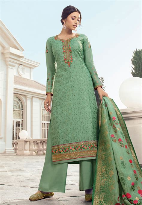 Light Green Tussar Kameez With Palazzo 199189 Afghan Dresses