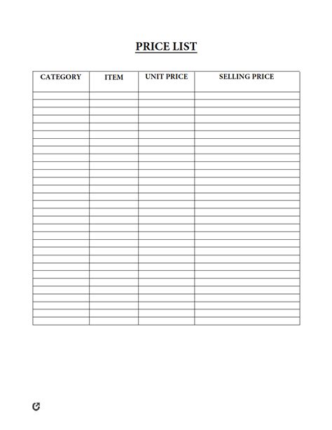 Blank Printable Price List Printable Form Templates And Letter