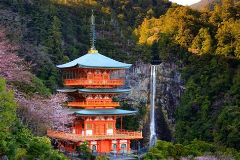 Japanese Temple And Waterfall Stock Photo Image Of Kumano Buddhism