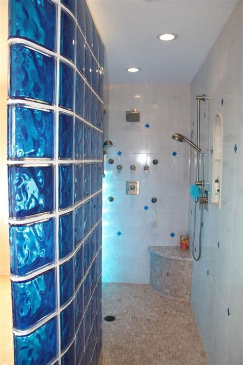 Colored Glass Block Shower In Middleton Wisconsin With A Caribbean Theme