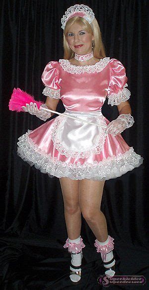 Pink Satin Maids Dress With White Satin Apron And White Lace Trim