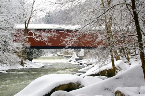 Red Covered Bridge In Snow Free Stock Photo Public