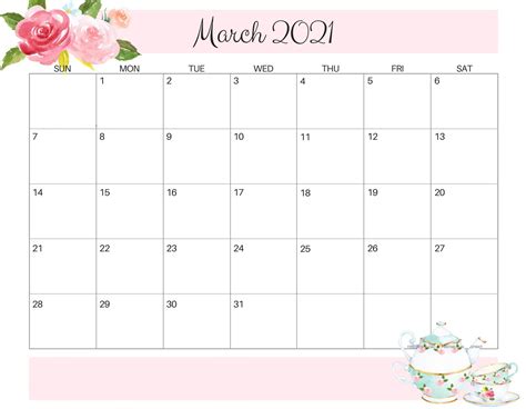 printable cute march  calendar template images set