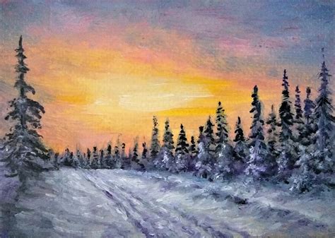 Winter Sunset Aceo Original Painting Painting By Natalja Picugina