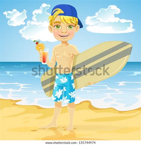 Cute Teen Boy Drink Glass Surfboard Stock Vector Royalty Free