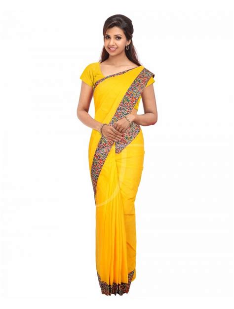 Cotton Yellow Colour Plain Saree With Attached Multi Colour Printed