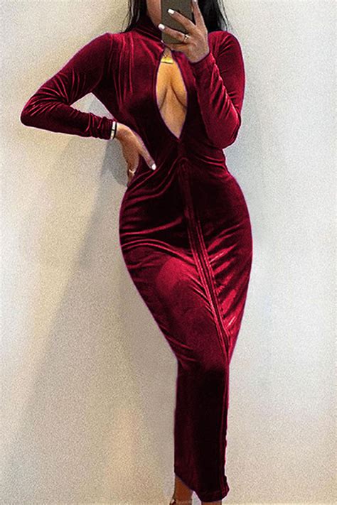 Wholesale Burgundy Sexy Solid Hollowed Out Patchwork Zipper Turtleneck One Step Skirt Dresses