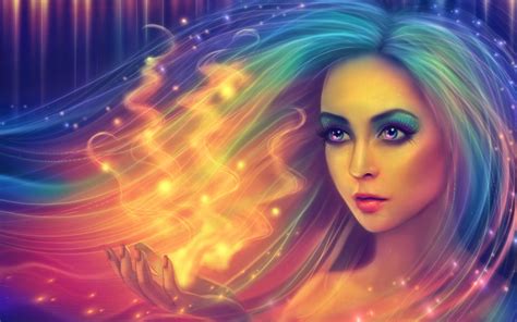 Free Download Hd Wallpaper Aurora Fantasy Girl Woman With Green And Pink Hair And Magic