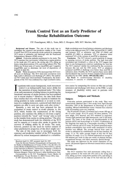 Pdf Trunk Control Test As An Early Predictor Of Stroke Rehabilitation