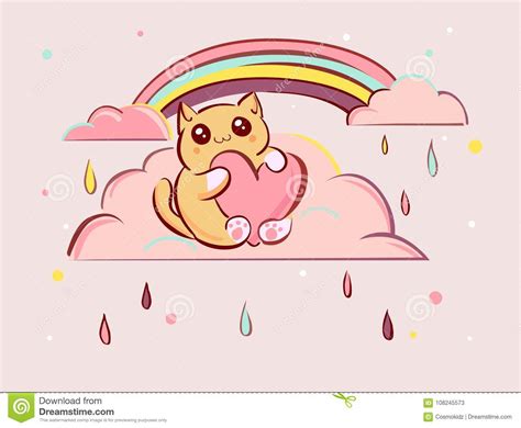 Cute Kawaii Cartoon Cat With Heart On Pink Clouds Vector