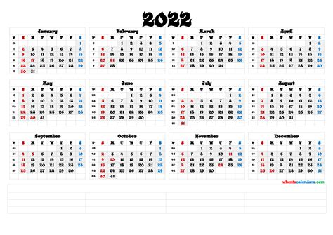 Printable 2022 Yearly Calendar 6 Templates
