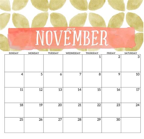 November 2018 Calendar Printable Blank Template Pdf W