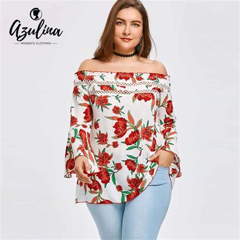 rosegal plus size off shoulder allover floral blouse flare sleeve hollow out women blouses