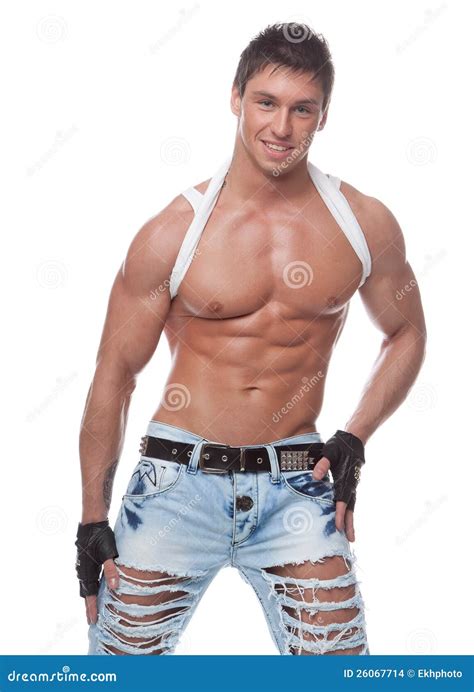 Muscular Smiling Naked Guy In Blue Jeans Stock Photo Image Of Nude