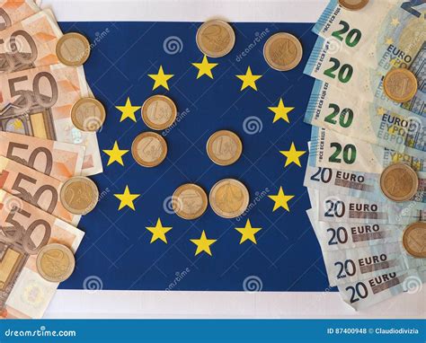 Euro Notes And Coins European Union Over Flag Stock Photo Image Of