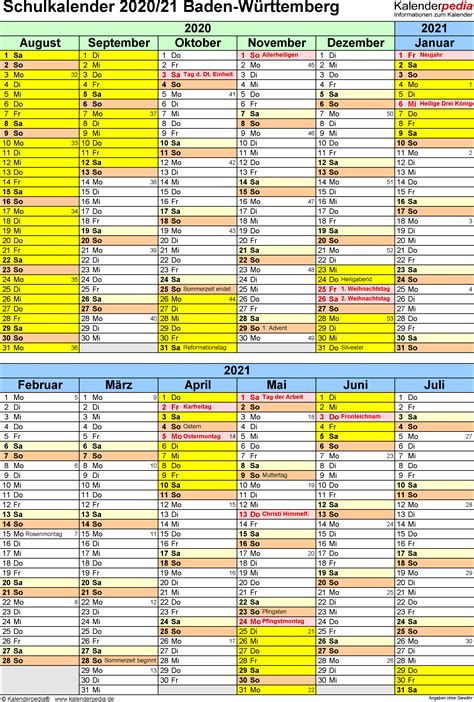 Alle daten in dieser liste: Schulkalender 2020/2021 Baden-Württemberg für PDF