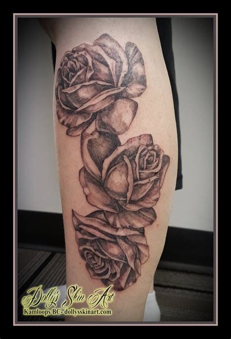 Black And Grey Shaded Three 3 Flowers Roses Calf Leg Tattoo Kamloops