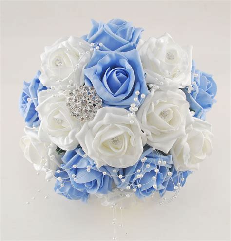 Light Blue And White Diamante Foam Rose Brooch Wedding Flower Package
