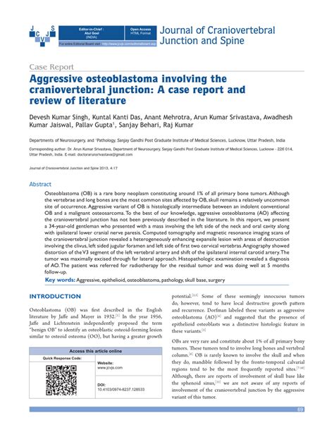 PDF Aggressive Osteoblastoma Involving The Craniovertebral Junction A Case Report And Review