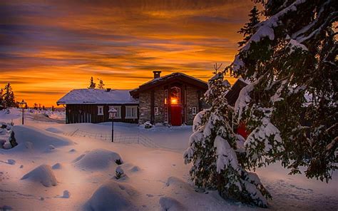 Gray And Red House Winter The Sky Snow Landscape Nature House