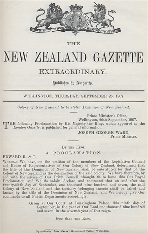 Dominion Status Gazette Notice 1907 Nzhistory New Zealand History