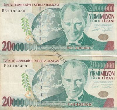 Kağıt Para Yirmi 20 Milyon Türk Lirası Banknot 2 Adet Bit Mezat