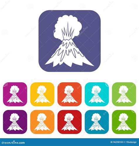 Volcano Erupting Icons Set Stock Vector Illustration Of Adventure