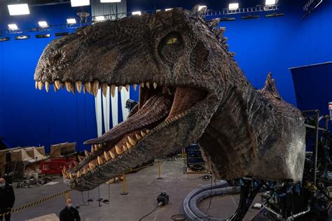 Jurassic World Dominion Behind The Scenes Photos Of Life Size Giganotosaurus Animatronic Prop