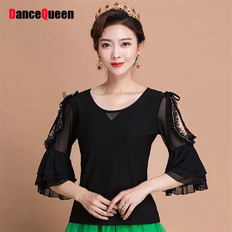 Cheap Latin Dance Shirts For Ladies Black Color Short Sleeve Novel Silk Wears Woman Party Arena
