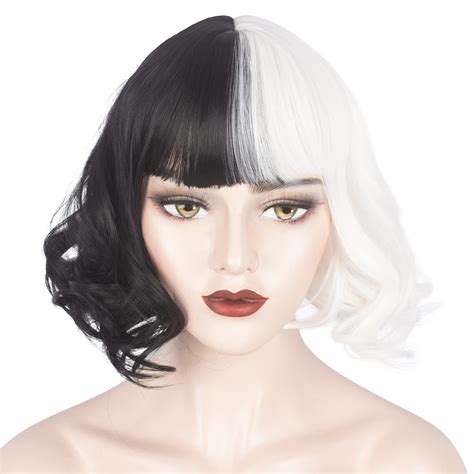 weken black and white wig for girls short wavy half black half white wig with bangs cruella le