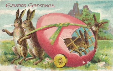 Cute Rabbits Pulling Egg Cart With Bunny Antique Easter Postcard M Easter Easter