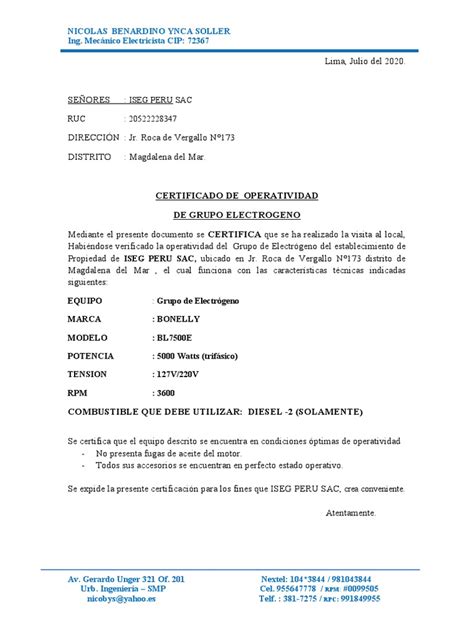 Certificado De Operatividad De Grupo Electrogeno Jorge Uni Julio 2020