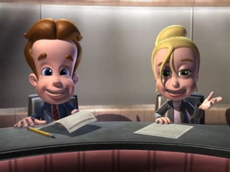 Two Cartoon Characters Sitting At A Table With Papers And Pens In Front